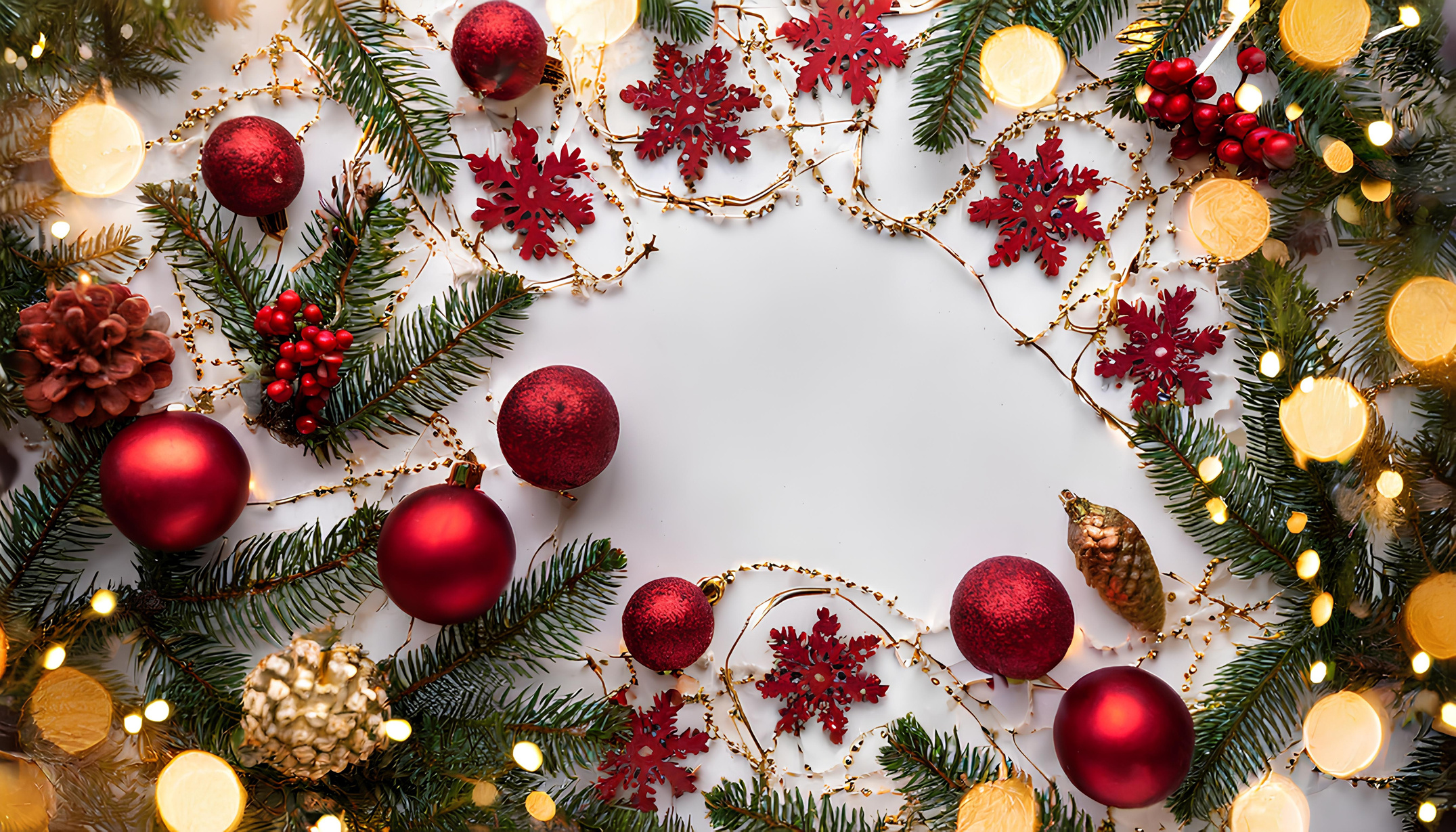 Christmas frame of spruce, red & gold christmas decorations on white background. Copy space. New Year lights. Flat lay.